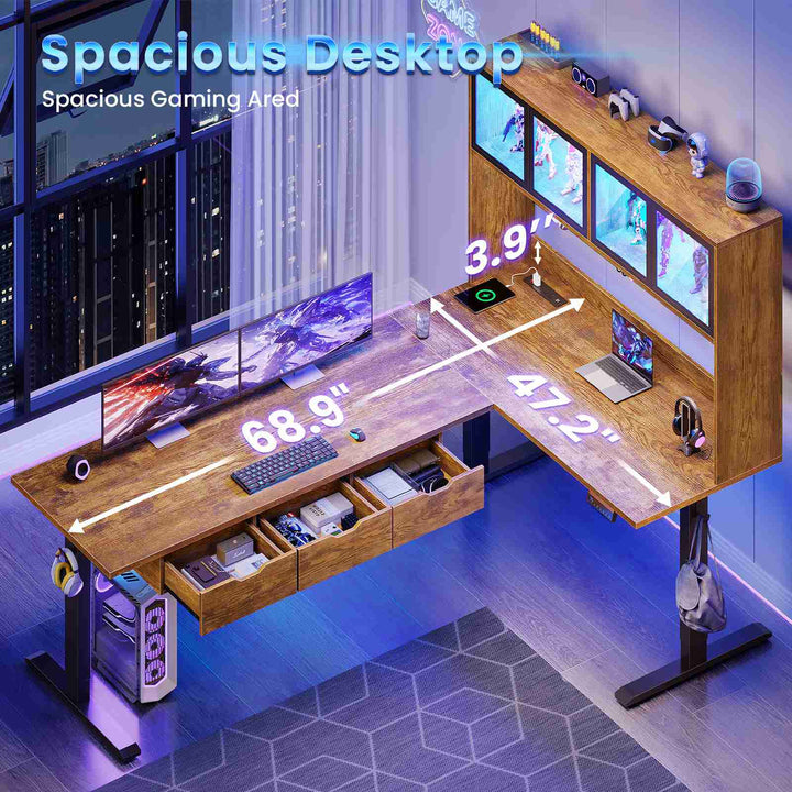 SEDETA 68.9 Inch Electric Standing Desk Height Adjustable L Shaped Gaming Desk Office Computer Desk with Led Lights Storage Drawers Hutch Pegboard