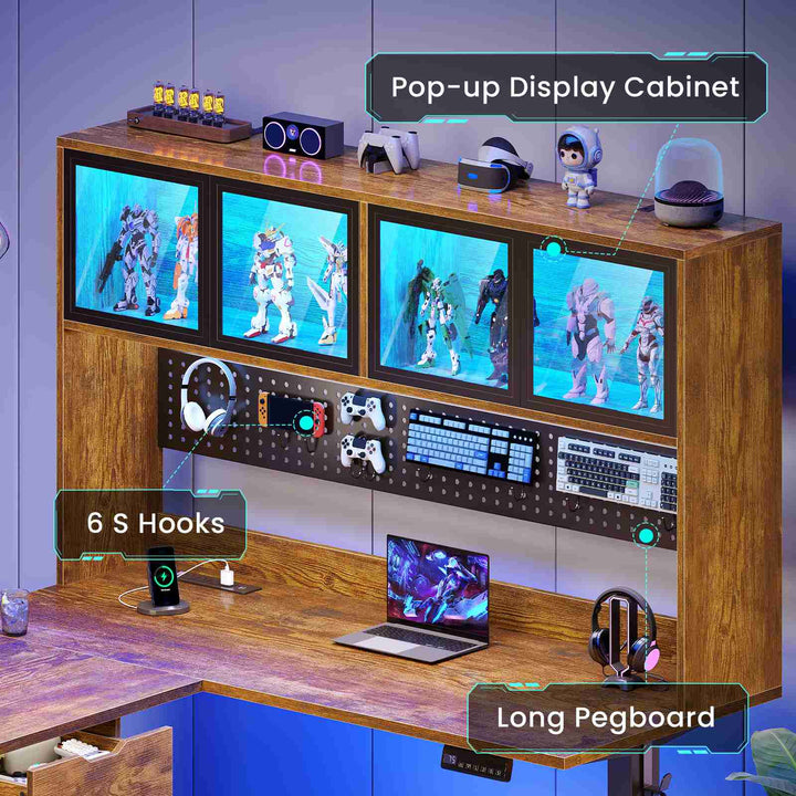 SEDETA 68.9 Inch Electric Standing Desk Height Adjustable L Shaped Gaming Desk Office Computer Desk with Led Lights Storage Drawers Hutch Pegboard