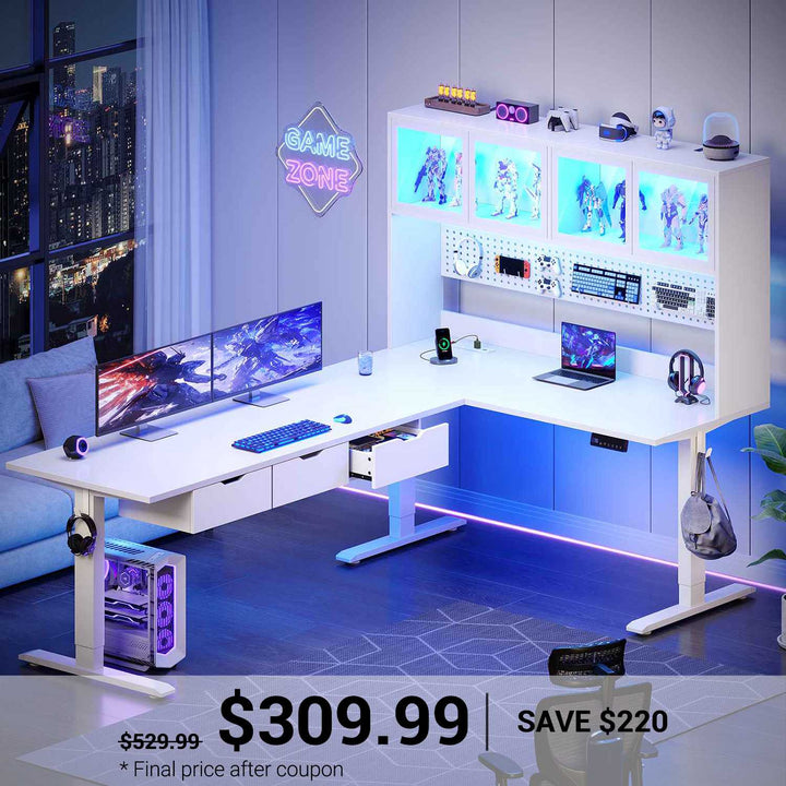 SEDETA 68.9 Inch Electric Standing Desk Height Adjustable L Shaped Gaming Desk Office Computer Desk with Led Lights Storage Drawers Hutch Pegboard