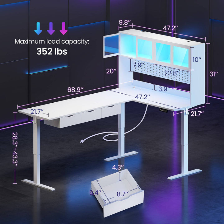 SEDETA 68.9 Inch Electric Standing Desk Height Adjustable L Shaped Gaming Desk Office Computer Desk with Led Lights Storage Drawers Hutch Pegboard