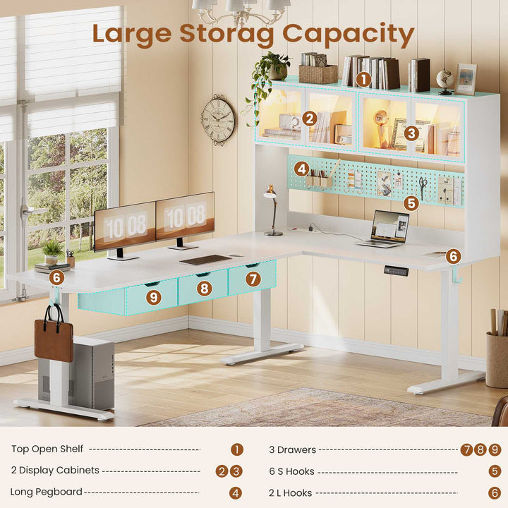 SEDETA 68.9 Inch Electric Standing Desk Height Adjustable L Shaped Gaming Desk Office Computer Desk with Led Lights Storage Drawers Hutch Pegboard