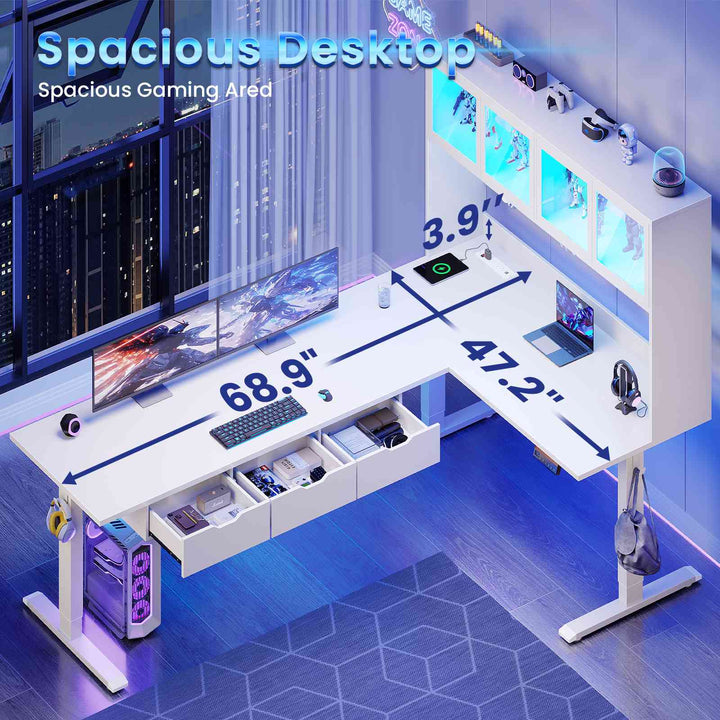 SEDETA 68.9 Inch Electric Standing Desk Height Adjustable L Shaped Gaming Desk Office Computer Desk with Led Lights Storage Drawers Hutch Pegboard