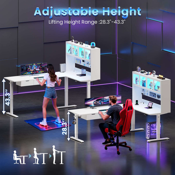 SEDETA 68.9 Inch Electric Standing Desk Height Adjustable L Shaped Gaming Desk Office Computer Desk with Led Lights Storage Drawers Hutch Pegboard