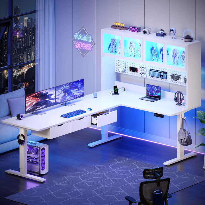 SEDETA 68.9 Inch Electric Standing Desk Height Adjustable L Shaped Gaming Desk Office Computer Desk with Led Lights Storage Drawers Hutch Pegboard