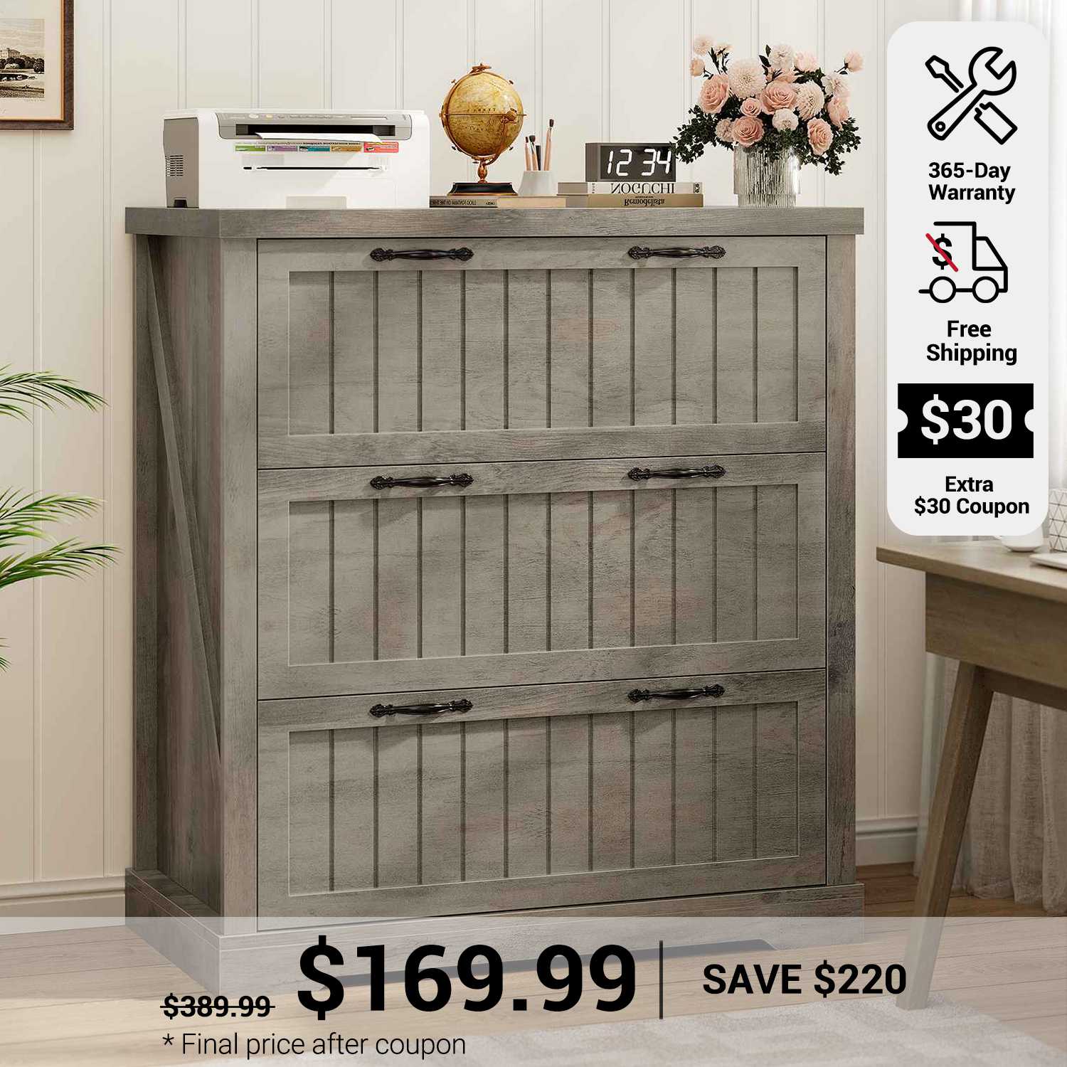 SEDETA 3 Drawer File Cabinet Farmhouse Filing Cabinet for Home Office