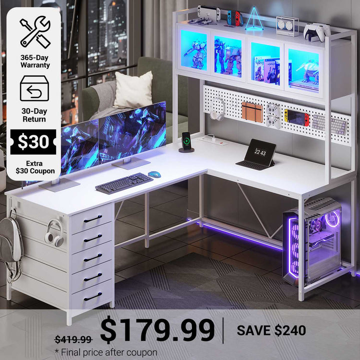 SEDETA® 62 Inch L Shaped Gaming Desk with Led Lights Computer Desk with Power Outlet Drawers Storage Shelves Pegboard
