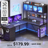 SEDETA® 62 Inch L Shaped Gaming Desk with Led Lights Computer Desk with Power Outlet Drawers Storage Shelves Pegboard