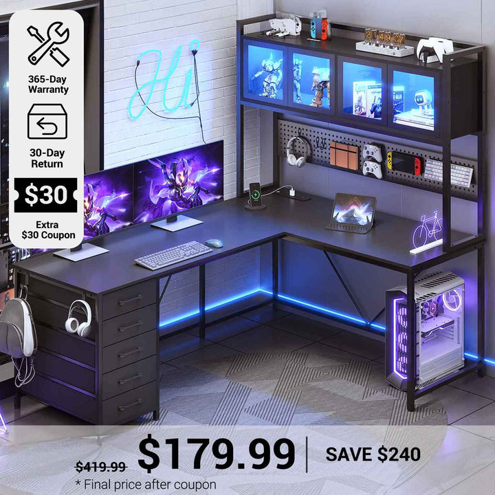 SEDETA® 62 Inch L Shaped Gaming Desk with Led Lights Computer Desk with Power Outlet Drawers Storage Shelves Pegboard