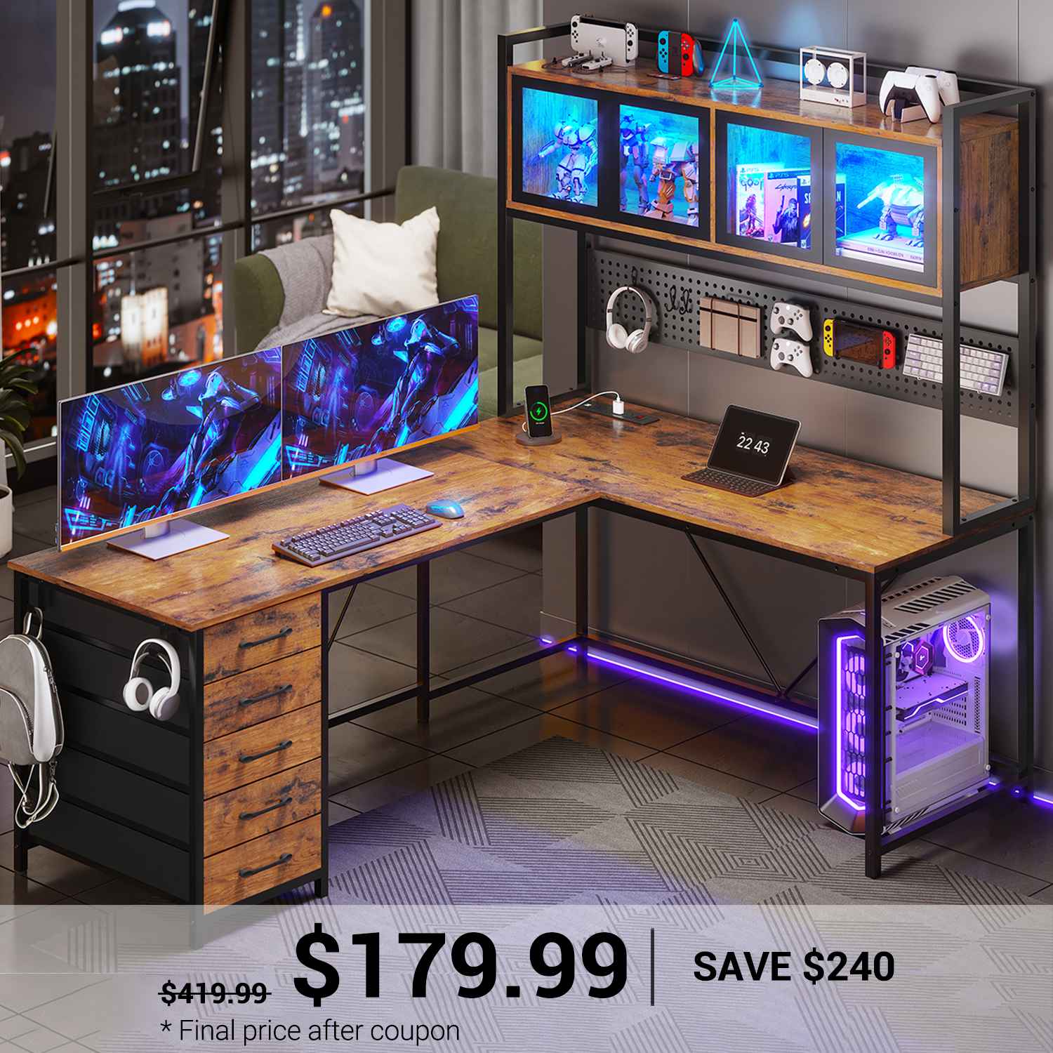 SEDETA | 62 Inch L Shaped LED Gaming Desk with Drawers and Display Cab SEDETA | 62 Inch L Shaped LED Gaming Desk with Drawers and Display Cab