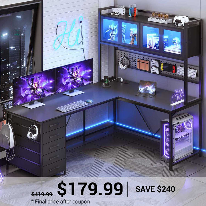 SEDETA | 62 Inch L Shaped LED Gaming Desk with Drawers and Display Cabinets Computer Desk with Power Outlet and Pegboard