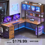 SEDETA | 62 Inch L Shaped LED Gaming Desk with Drawers and Display Cabinets Computer Desk with Power Outlet and Pegboard