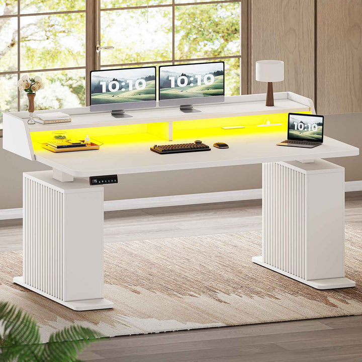 SEDETA 55 Inch Fluted Electric Standing Desk Ergonomic Height Adjustable Desk with Storage Power Outlets LED Lights