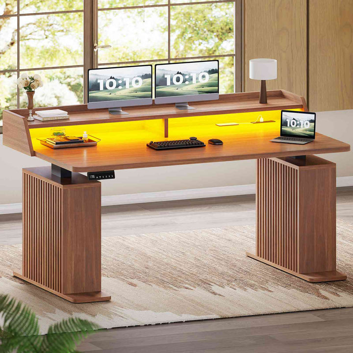 SEDETA 55 Inch Fluted Electric Standing Desk Ergonomic Height Adjustable Desk with Storage Power Outlets LED Lights