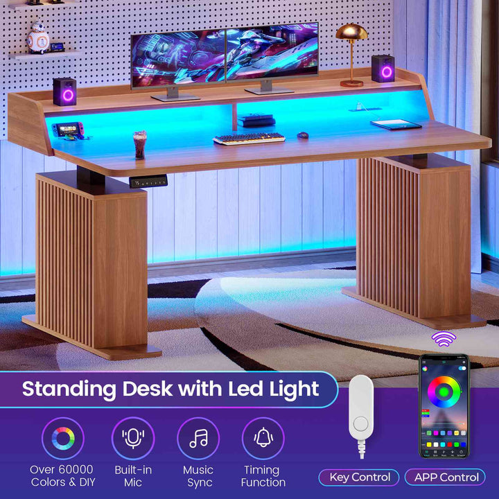 SEDETA 55 Inch Fluted Electric Standing Desk Ergonomic Height Adjustable Desk with Storage Power Outlets LED Lights