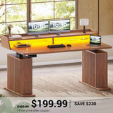 SEDETA | 55 Inch Fluted Height Adjustable Standing Desk Ergonomic Electric Computer Gaming Desk with LED Lights Power Outlets Monitor Shelf