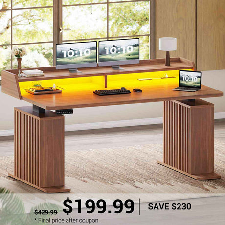 SEDETA | 55 Inch Fluted Height Adjustable Standing Desk Ergonomic Electric Computer Gaming Desk with LED Lights Power Outlets Monitor Shelf