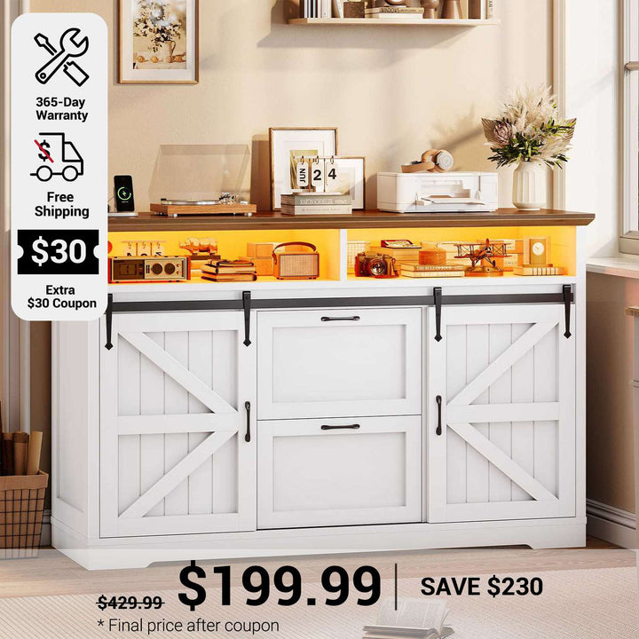 SEDETA 47.2 Inch File Cabinet 2 Drawers Farmhouse Filing Cabinets for A4 File with Barn Door Power Outlets Printer Stand LED Lights