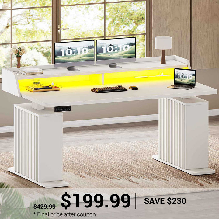 SEDETA | 55 Inch Fluted Height Adjustable Standing Desk Ergonomic Electric Computer Gaming Desk with LED Lights Power Outlets Monitor Shelf