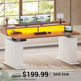 SEDETA | 55 Inch Fluted Height Adjustable Standing Desk Ergonomic Electric Computer Gaming Desk with LED Lights Power Outlets Monitor Shelf