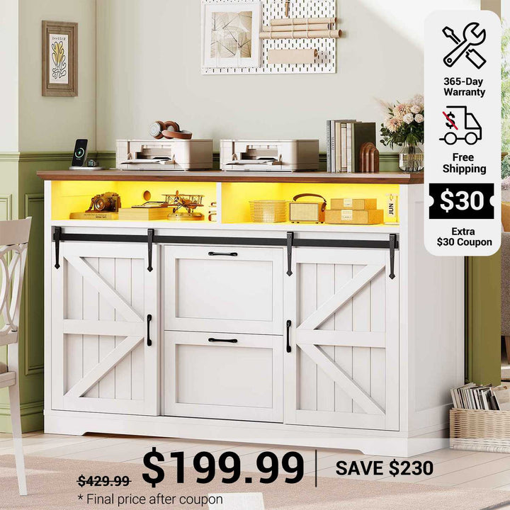 SEDETA 47.2 Inch File Cabinet 2 Drawers Farmhouse Filing Cabinets for A4 File with Barn Door Power Outlets Printer Stand LED Lights