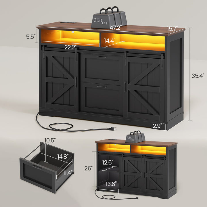 SEDETA 47.2 Inch File Cabinet 2 Drawers Farmhouse Filing Cabinets for A4 File with Barn Door Power Outlets Printer Stand LED Lights