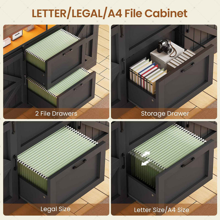 SEDETA 47.2 Inch File Cabinet 2 Drawers Farmhouse Filing Cabinets for A4 File with Barn Door Power Outlets Printer Stand LED Lights