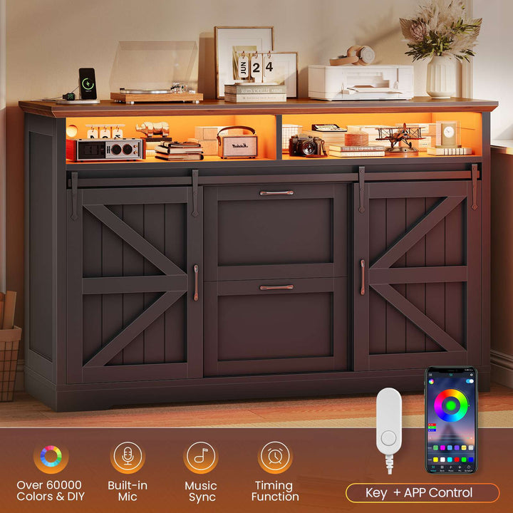 Close-up of cabinet interior showing two file drawers and storage shelf with warm lighting