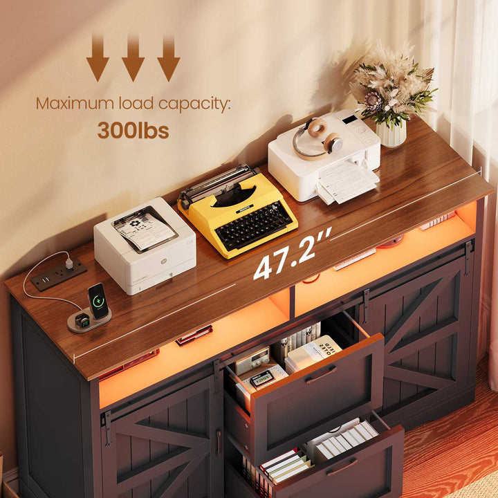Dark gray sideboard with text ‘Maximum load capacity: 300lbs’ and measurements overlaid on top.