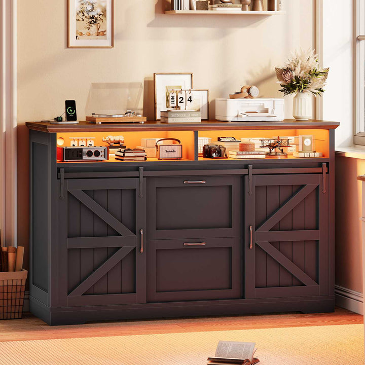 SEDETA 47.2 Inch File Cabinet 2 Drawers Farmhouse Filing Cabinets for A4 File with Barn Door Power Outlets Printer Stand LED Lights