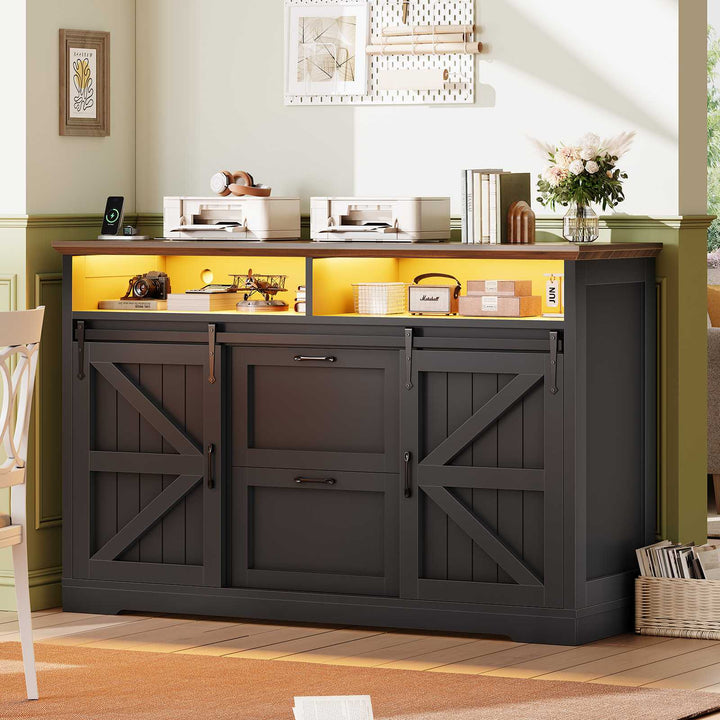 SEDETA 47.2 Inch File Cabinet 2 Drawers Farmhouse Filing Cabinets for A4 File with Barn Door Power Outlets Printer Stand LED Lights