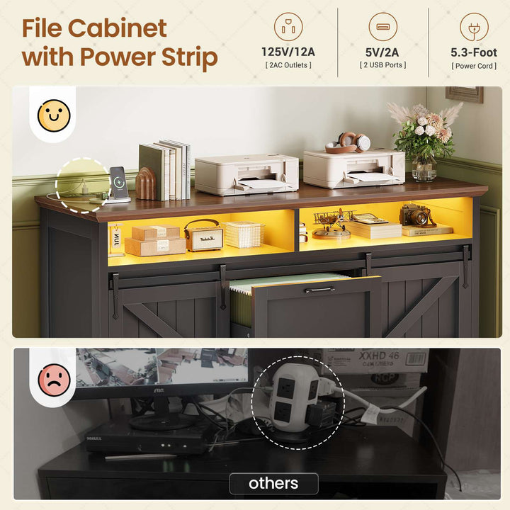 White and dark gray version of the same storage cabinet with doors and open shelves, price tag visible.