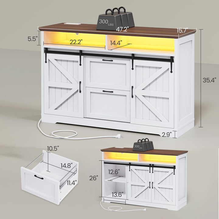 SEDETA 47.2 Inch File Cabinet 2 Drawers Farmhouse Filing Cabinets for A4 File with Barn Door Power Outlets Printer Stand LED Lights