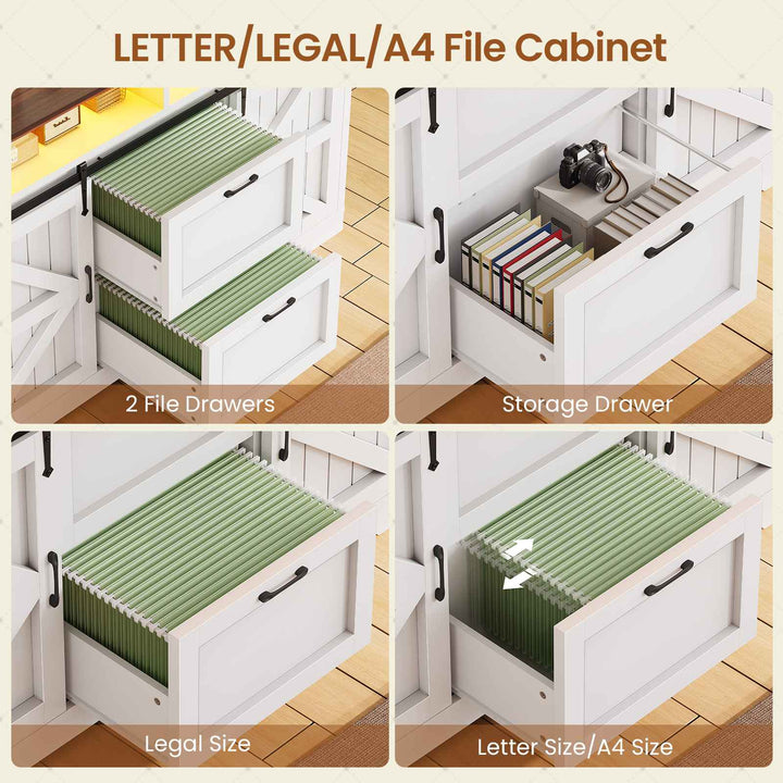 White cabinet with green-lined drawers labeled 2 File Drawers and Storage Drawer showing organizational features.