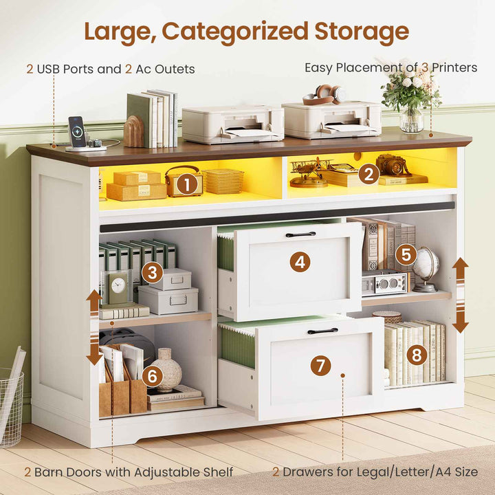 SEDETA 47.2 Inch File Cabinet 2 Drawers Farmhouse Filing Cabinets for A4 File with Barn Door Power Outlets Printer Stand LED Lights