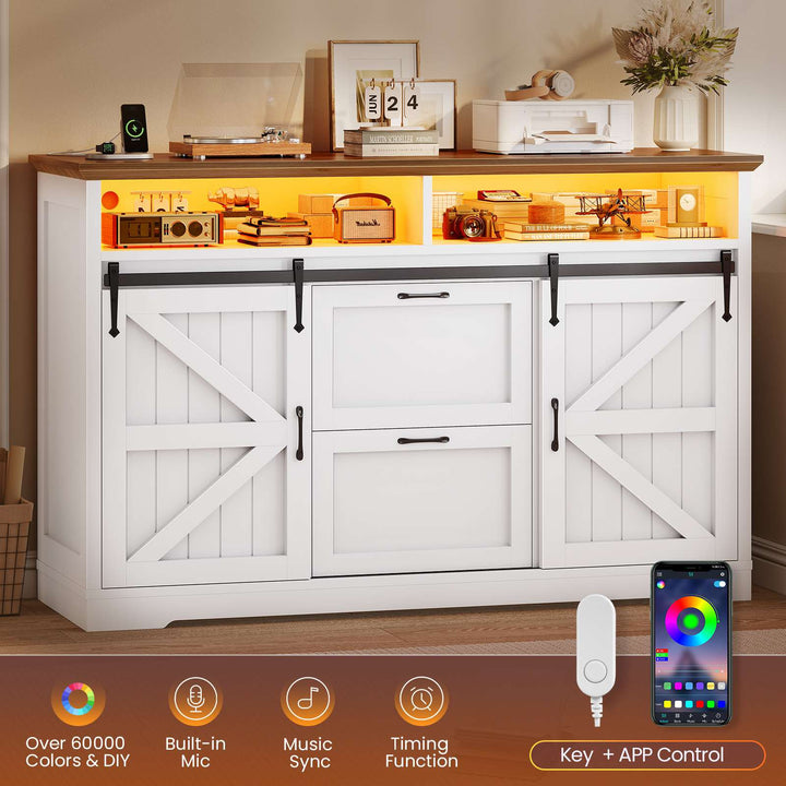 Same dark gray sideboard with product name and icons indicating features such as USB ports and power strip.