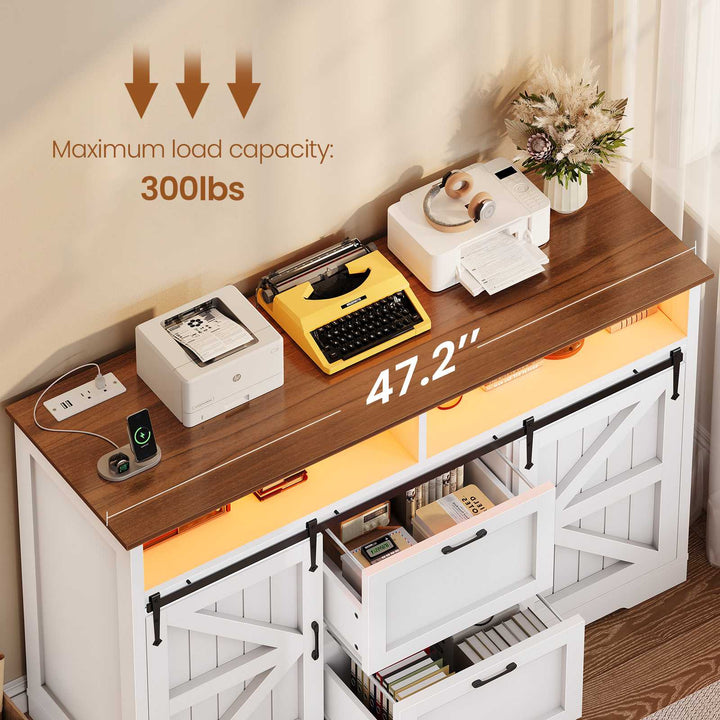 SEDETA 47.2 Inch File Cabinet 2 Drawers Farmhouse Filing Cabinets for A4 File with Barn Door Power Outlets Printer Stand LED Lights