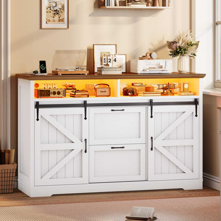 SEDETA 47.2 Inch File Cabinet 2 Drawers Farmhouse Filing Cabinets for A4 File with Barn Door Power Outlets Printer Stand LED Lights