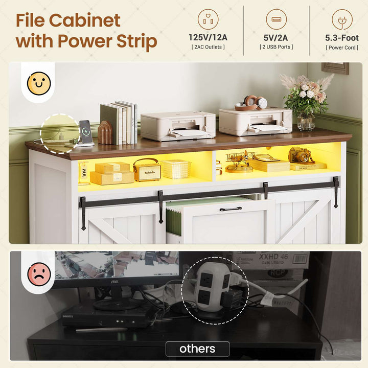 SEDETA 47.2 Inch File Cabinet 2 Drawers Farmhouse Filing Cabinets for A4 File with Barn Door Power Outlets Printer Stand LED Lights