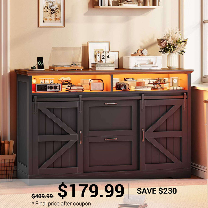 SEDETA | 47.2 Inch Farmhouse File Cabinet with Barn Door Printer Stand Power Outlets LED Lights Filing Cabinets fit Legal/Letter/A4 File