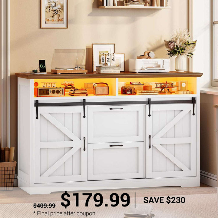 SEDETA | 47.2 Inch Farmhouse File Cabinet with Barn Door Printer Stand Power Outlets LED Lights Filing Cabinets fit Legal/Letter/A4 File