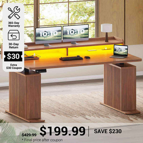 SEDETA® 55 Inch Electric Standing Desk Ergonomic Height Adjustable Fluted Computer Gaming Desk with LED Lights Power Outlets