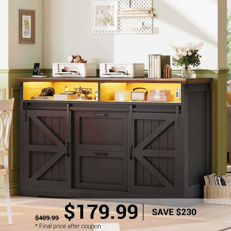 SEDETA | 47.2 Inch Farmhouse File Cabinet with Barn Door Printer Stand Power Outlets LED Lights Filing Cabinets fit Legal/Letter/A4 File