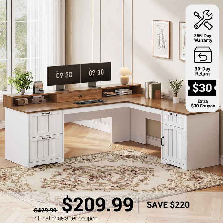 SEDETA® 63 Inch Farmhouse L Shaped Computer Desk Wood Ergonomic Office Desk with Storage File Drawers Monitor Stand