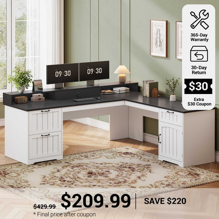 SEDETA® 63 Inch Farmhouse L Shaped Computer Desk Wood Ergonomic Office Desk with Storage File Drawers Monitor Stand