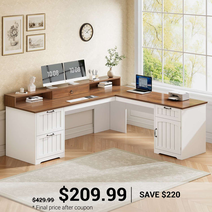 SEDETA | 63 Inch Farmhouse Wood Corner Ergonomic Computer Desk Home Office Desk with Storage File Drawers Monitor Stand