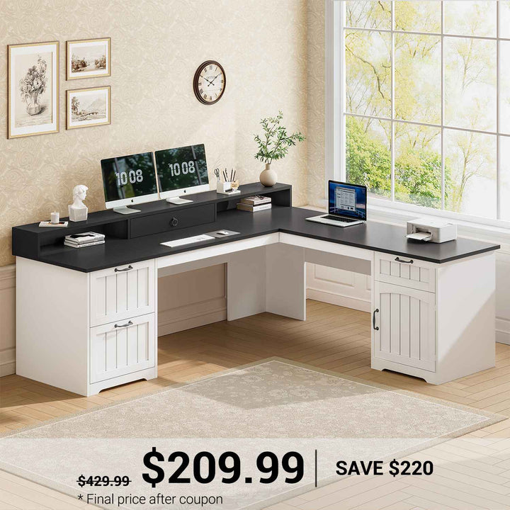 SEDETA | 63 Inch Farmhouse Wood Corner Ergonomic Computer Desk Home Office Desk with Storage File Drawers Monitor Stand