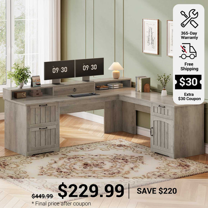 SEDETA 63 Inch Farmhouse Corner Computer Desk L Shaped Wood Desk with File Drawers Storage Monitor Stand for Home Office