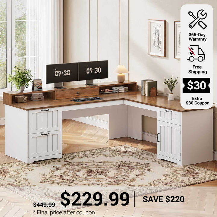 SEDETA 63 Inch Farmhouse Corner Computer Desk L Shaped Wood Desk with File Drawers Storage Monitor Stand for Home Office