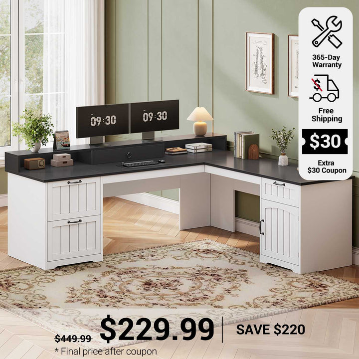 SEDETA 63 Inch Farmhouse Corner Computer Desk L Shaped Wood Desk with File Drawers Storage Monitor Stand for Home Office