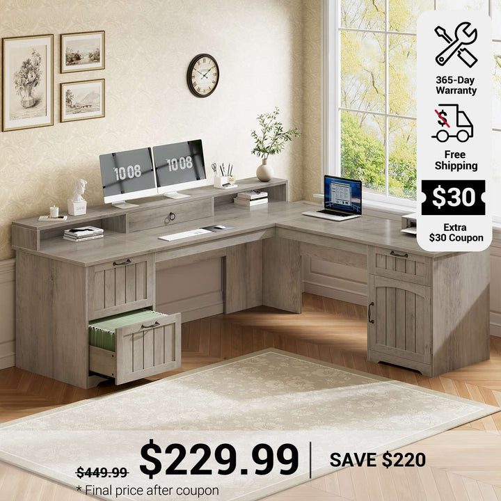 SEDETA 63 Inch Farmhouse Corner Computer Desk L Shaped Wood Desk with File Drawers Storage Monitor Stand for Home Office